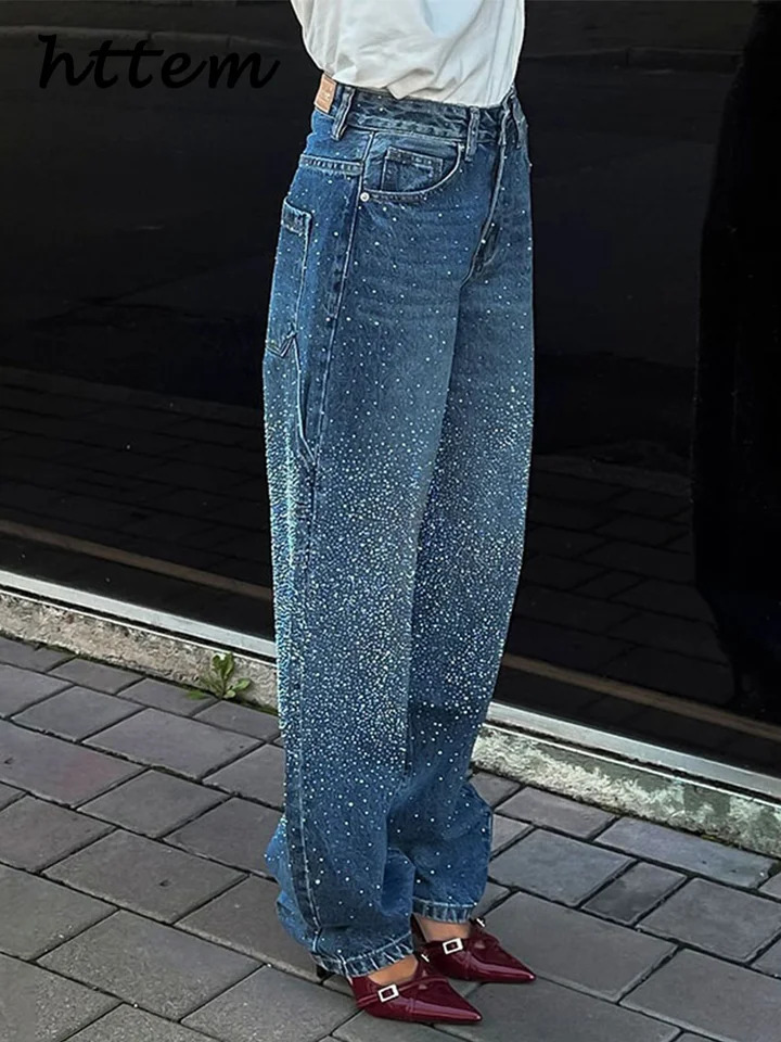 Fashion Womens Rhinestone Jeans Casual High Wait Wide Leg Pockets Denim Pants 2025 Spring Lady Y2k Street Baggy Trousers 250408