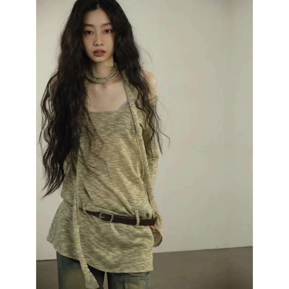 Women's 2024 Summer And Autumn Wasteland Style Thin, Loose, Slim, Casual One Shoulder Long Sleeved Top T-Shirt