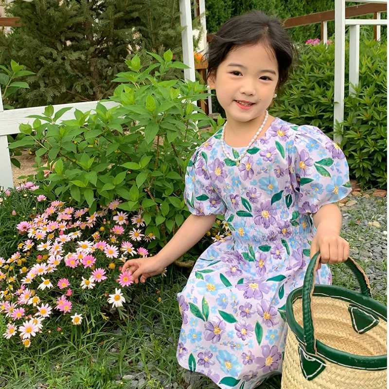 New summer family matching set Korean pink purple printed princess dress suitable for mother and daughter clothing H2315 S2548