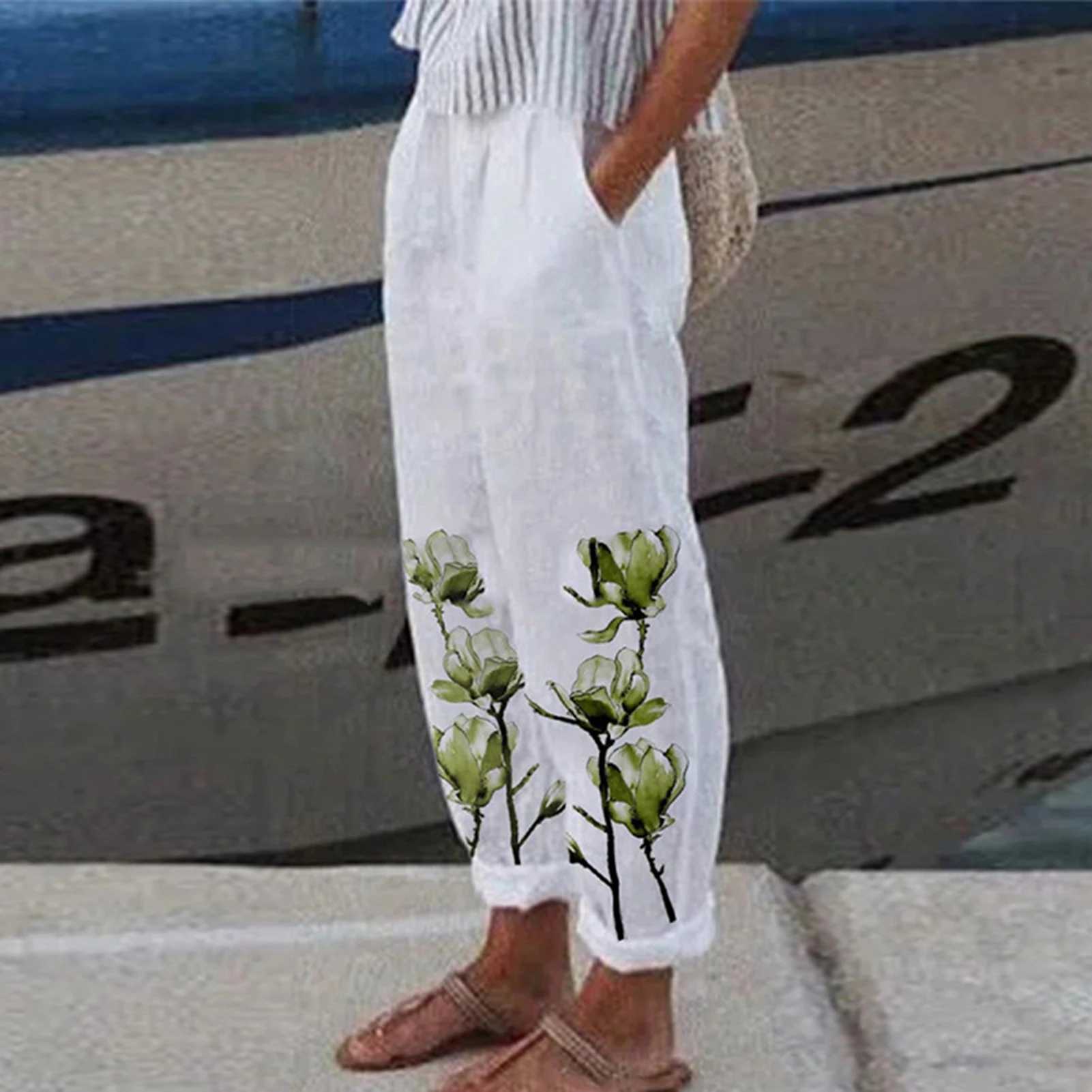 White cotton linen womens pants 2023 fashion loose womens pants casual elastic waist wide pantsXJ250403