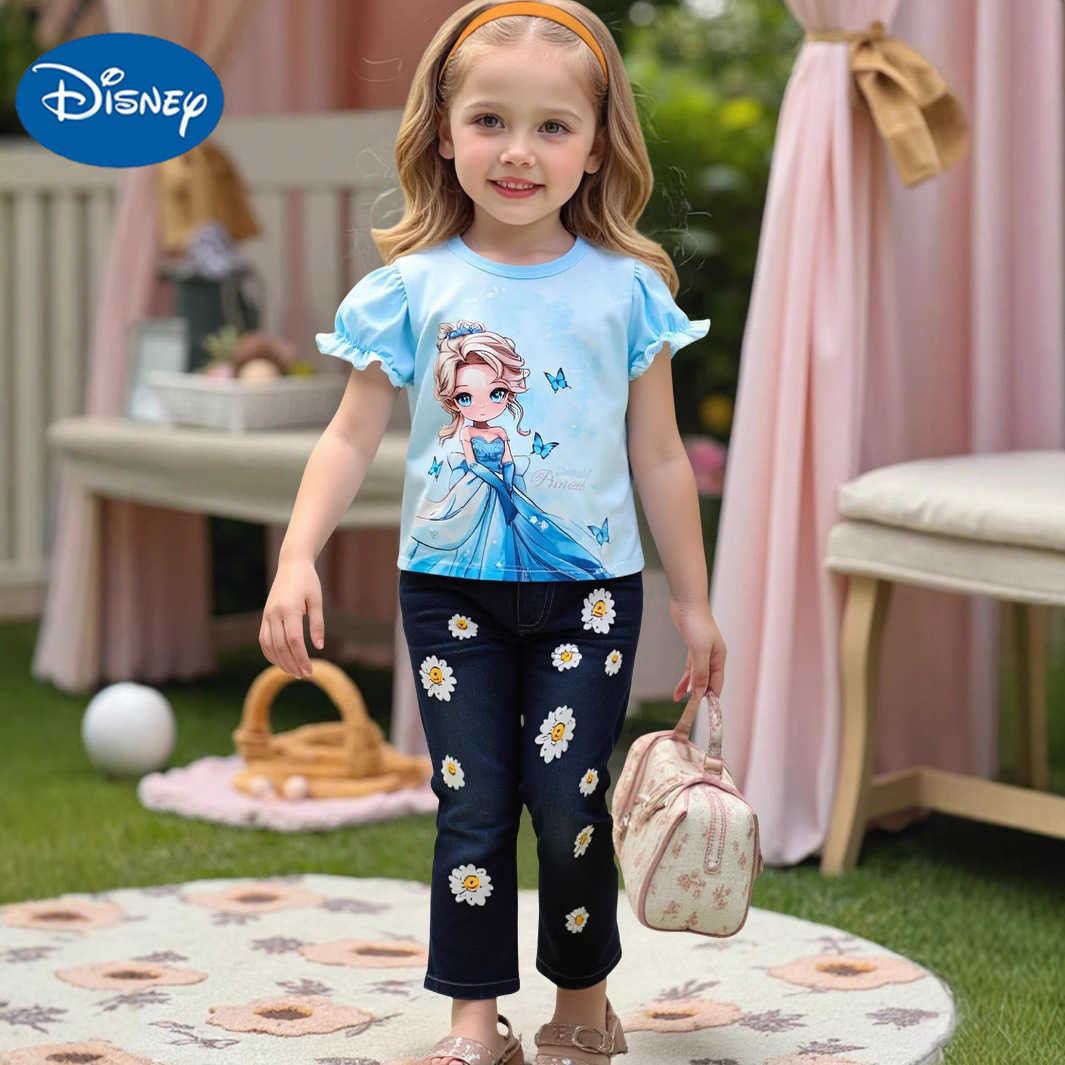 Disney 2025 Summer New Girls Two piece Dress Cartoon Short Sleeve Frozen Printed Jeans SetXJ250409