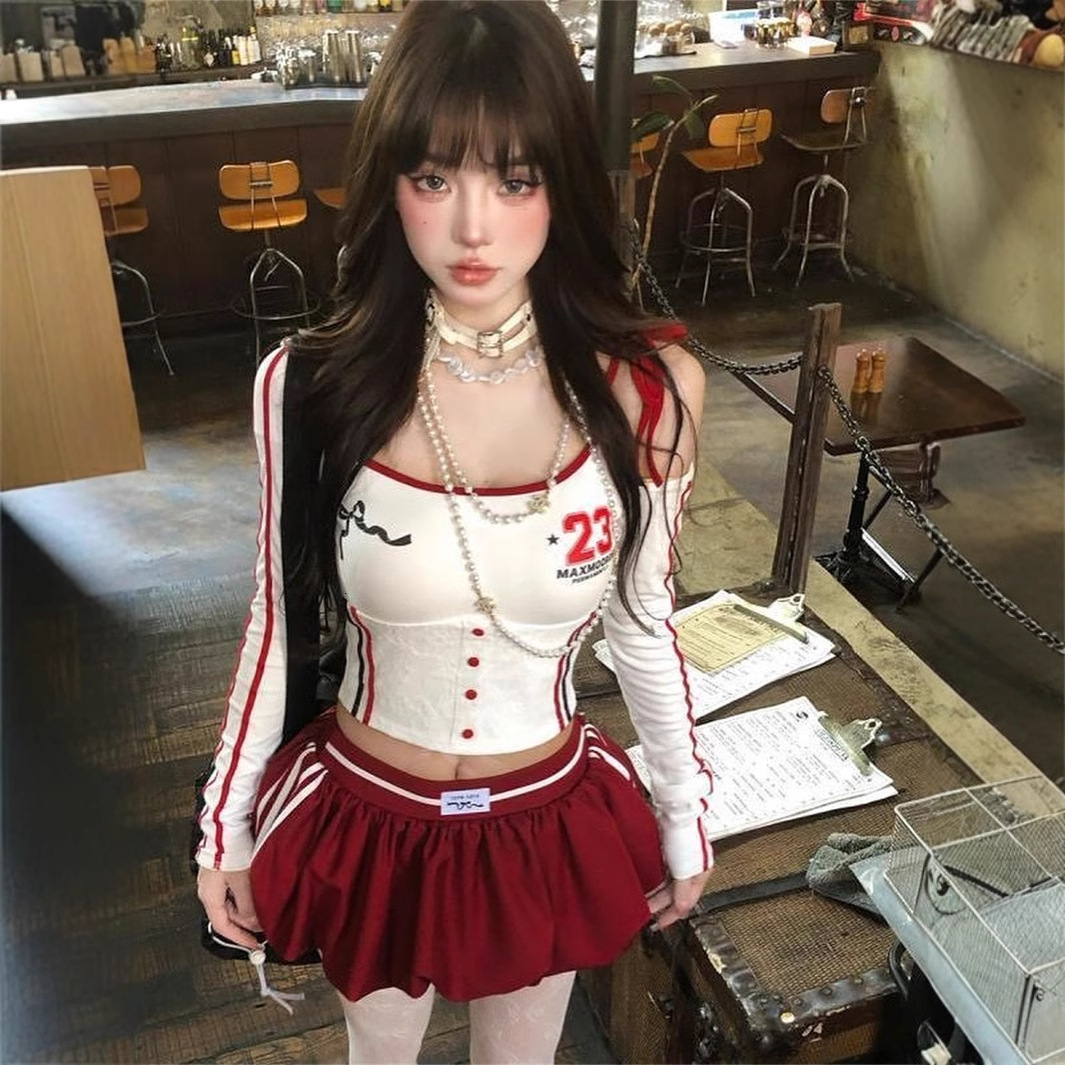 2025S Designer Women s Set autumn new spicy girl sports style off shoulder printed slim fit long sleeved top ral bud skirt set