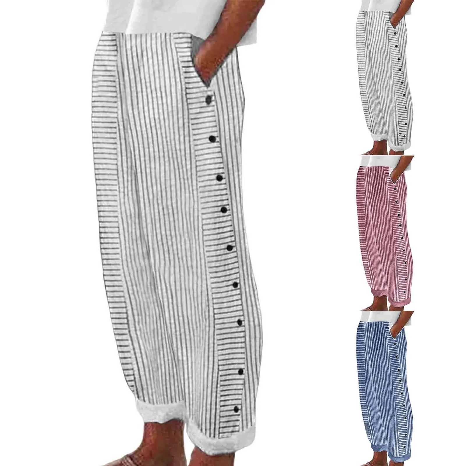 Pants Womens Summer Fashion Stripe Printed Button Casual Edition Loose High Waist Yoga PantsXJ250403