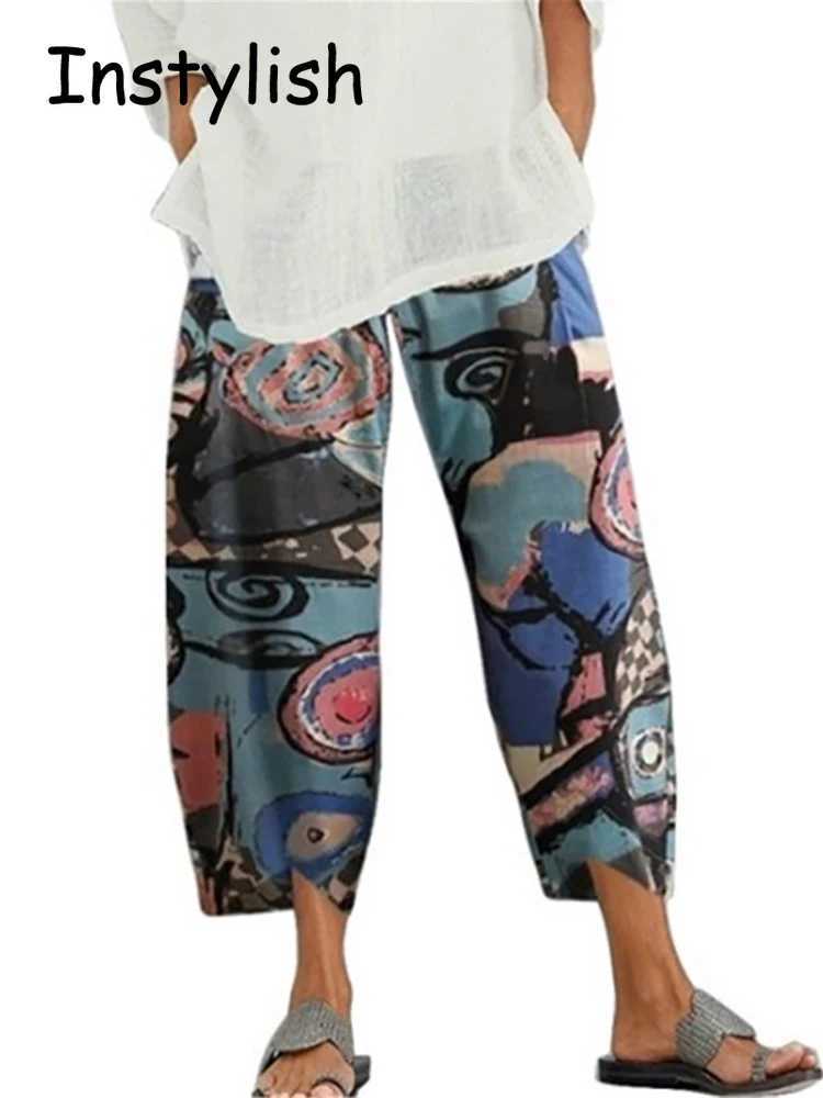 Retro cotton and linen loose harem pants casual high waist wide leg Trouser womens Harajuku printed pocket pants oversizedXJ250403