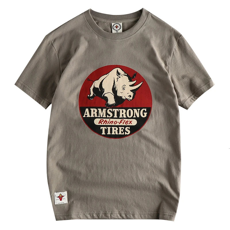 Summer American Retro Short sleeved Oneck Rhino Printed Tshirt for Men Fashionable and Simple 100% Cotton Laundry Casual Sports Top 250409