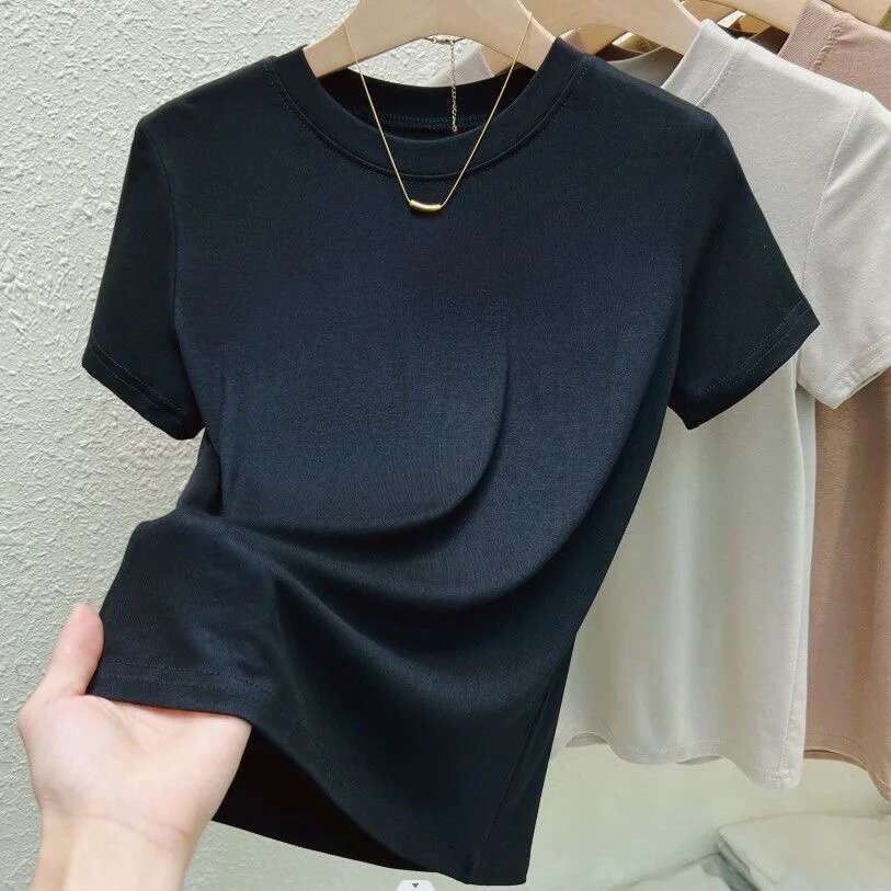 Women's Elastic Crew Neck T-Shirt Solid Ribbed Pink Short Sleeve Tight Bottom Basic Shirt Casual Sexy Slim Summer Tops Tee