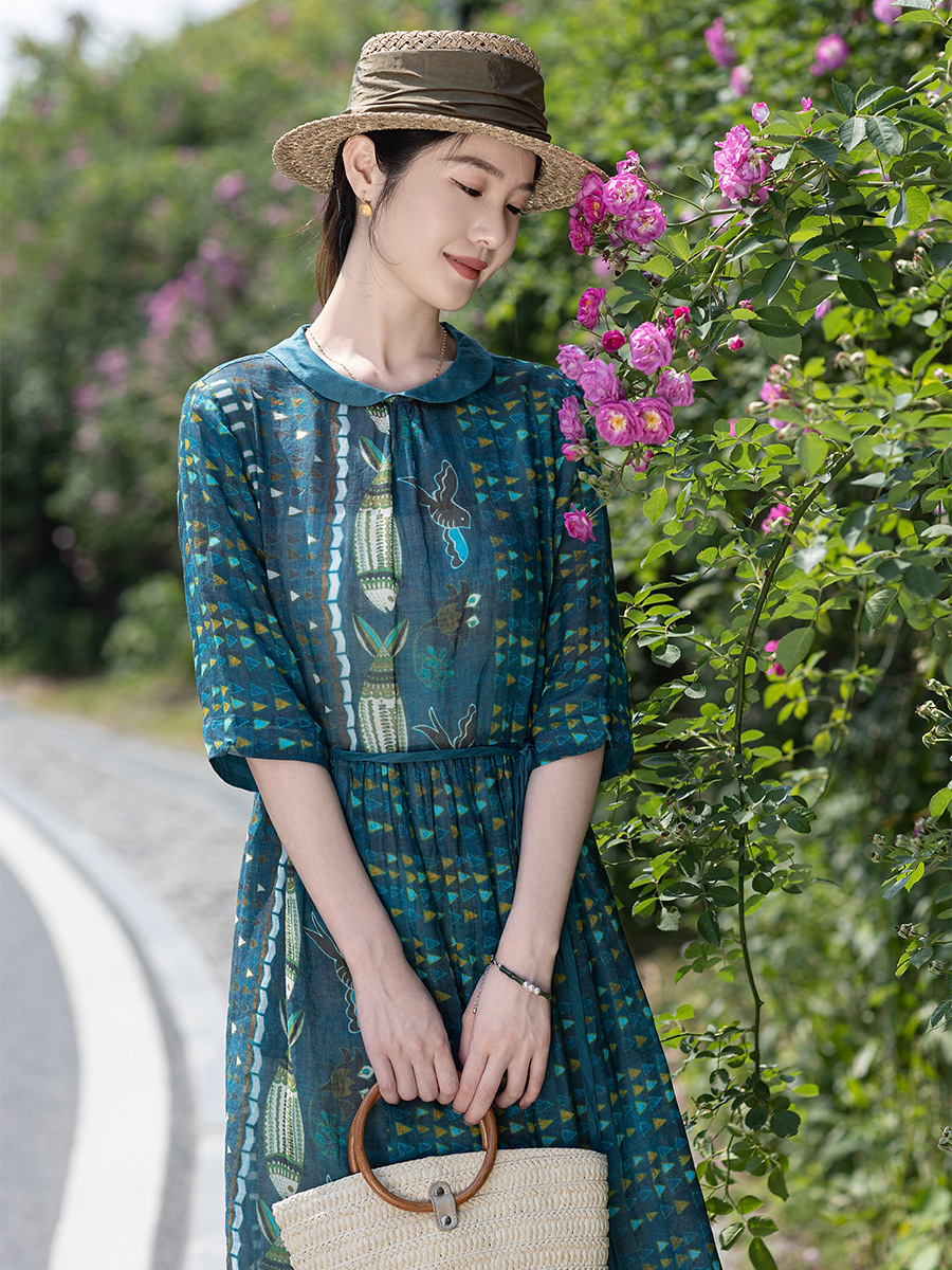 X45Chic Ladies' Ramie Maxi Dress Featuring Unique Literary Printing
