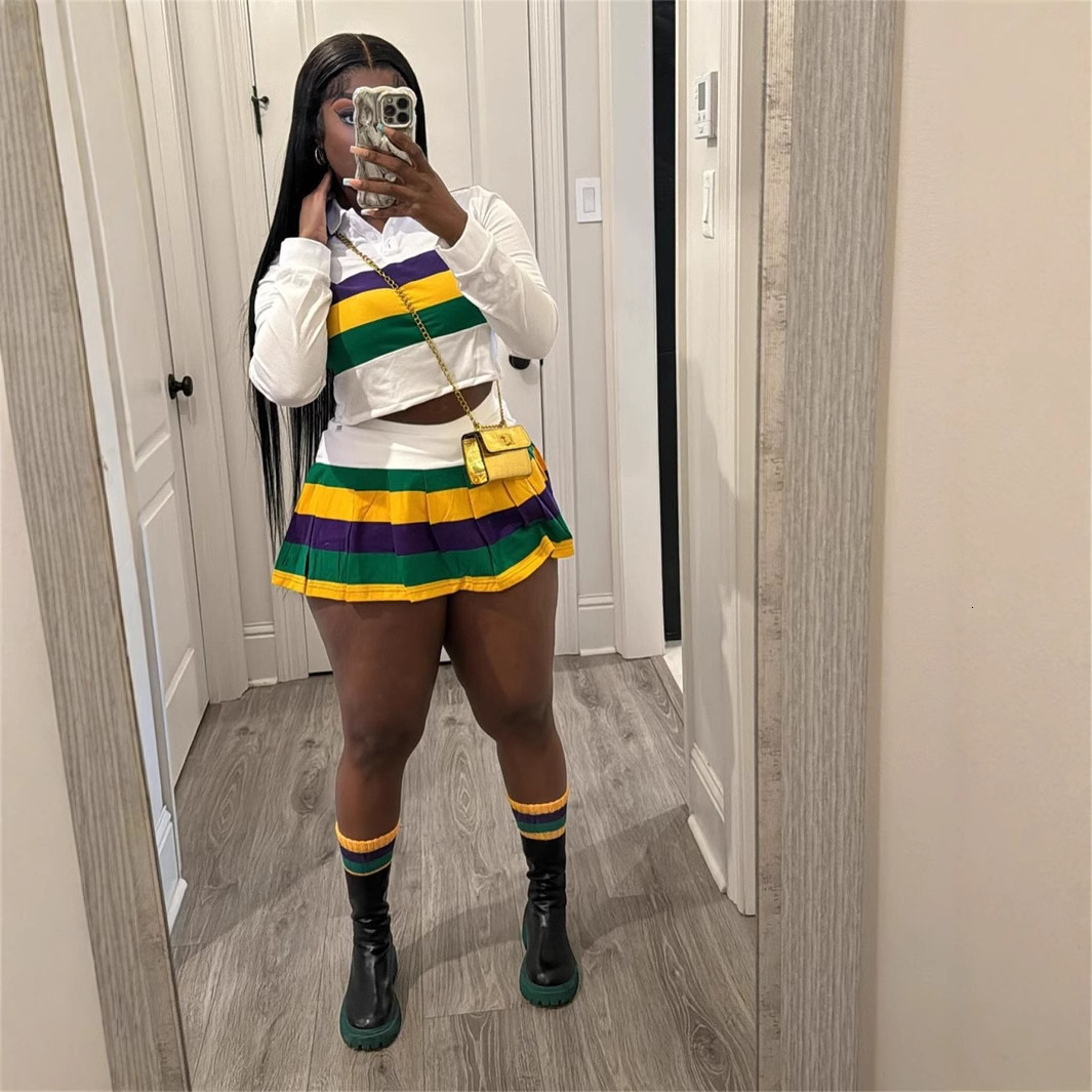 2025S Designer Women S Set New Fashion Contrasting Striped Girl Style Lapel Long Sleeved Top Pleated Short Skirt Set For Women