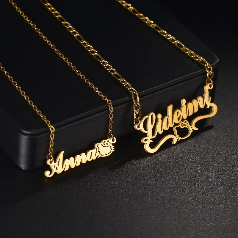 365 Multiple Personalized Name Necklace Cute Cat Shaped Custom Name Rhinestones Nameplate For Women Girls Jewelry Birthday Gifts 250409