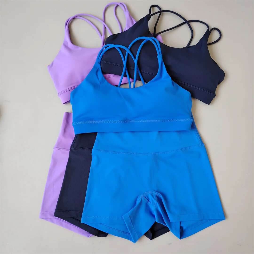 Women Gym Suit Yoga Clothes Shorts Leggings+ Bra 2-Piece Set Running Exercise Fiess Sportswear High Waist Cross Beautiful Back