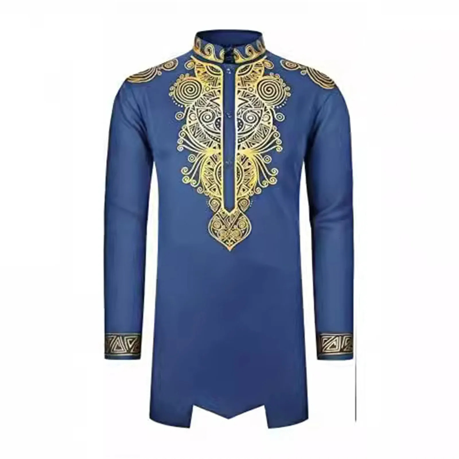 African Mens Muslim Robe Casual Gold Stamp Long Sleeve Saudi Arabia Dubai Juba Thobe Traditional Arab Cafe 250409