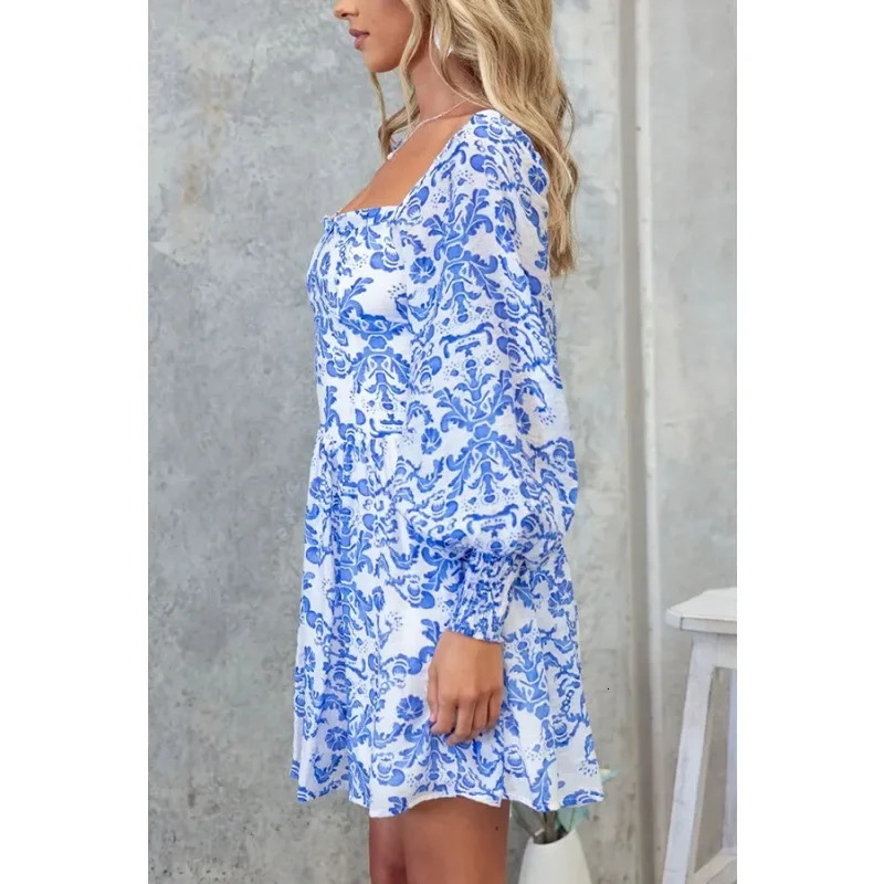 Womens SpringSummer Square Collar Printed Country Style Long Sleeve Mini Dress Suitable for European and American Women 250409