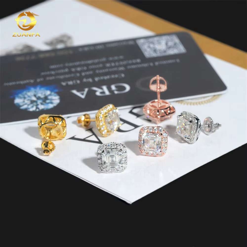Ready to Ship Hip Hop Earring 925 Silver Asscher Cut 1.5ct Halo Men VVS Moissanite Earrings