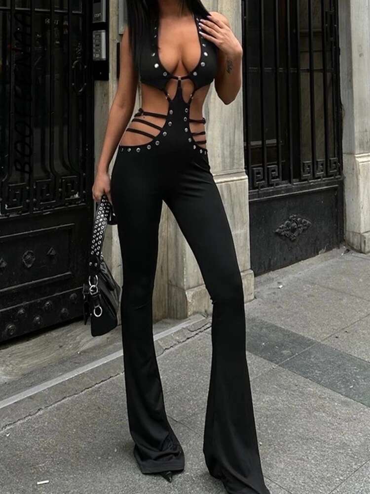 Sexy Black Jumpsuit Women Summer Club Outfit Fashion Rivet Cut Out Halter Backless Jumpsuits Flared Leg