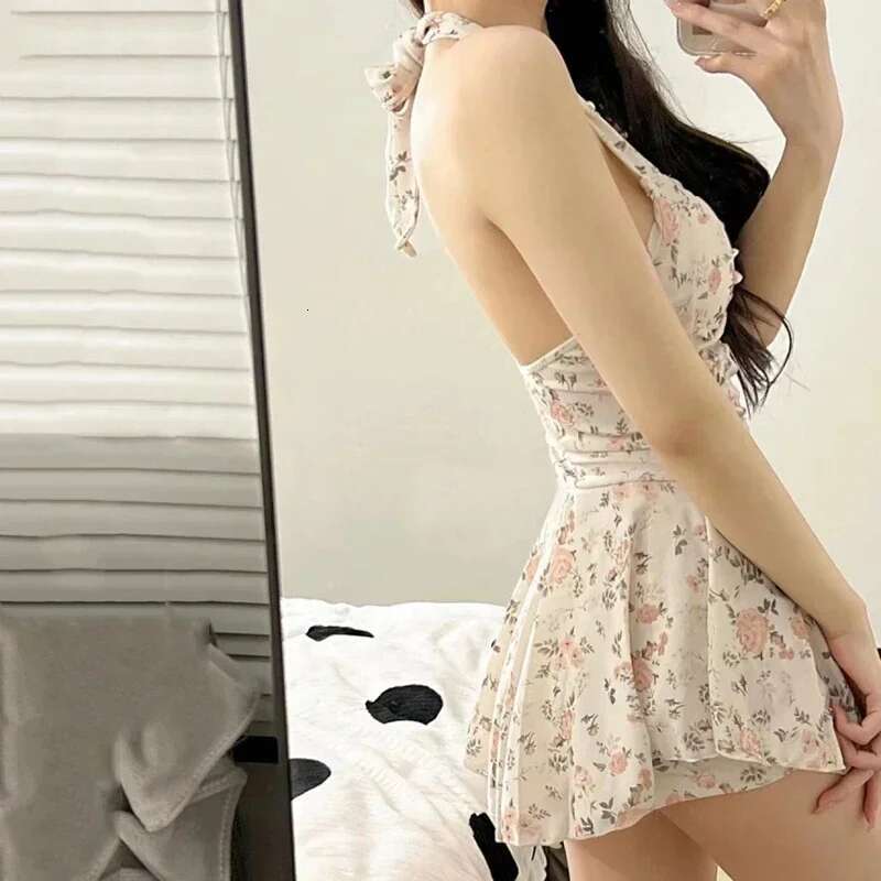 Women Hanging Neck Sweet Cute Swimwear Sexy One-piec Wear Swim Suit Beach Dress Swimsuit High Waist Bikinis Set for Girls