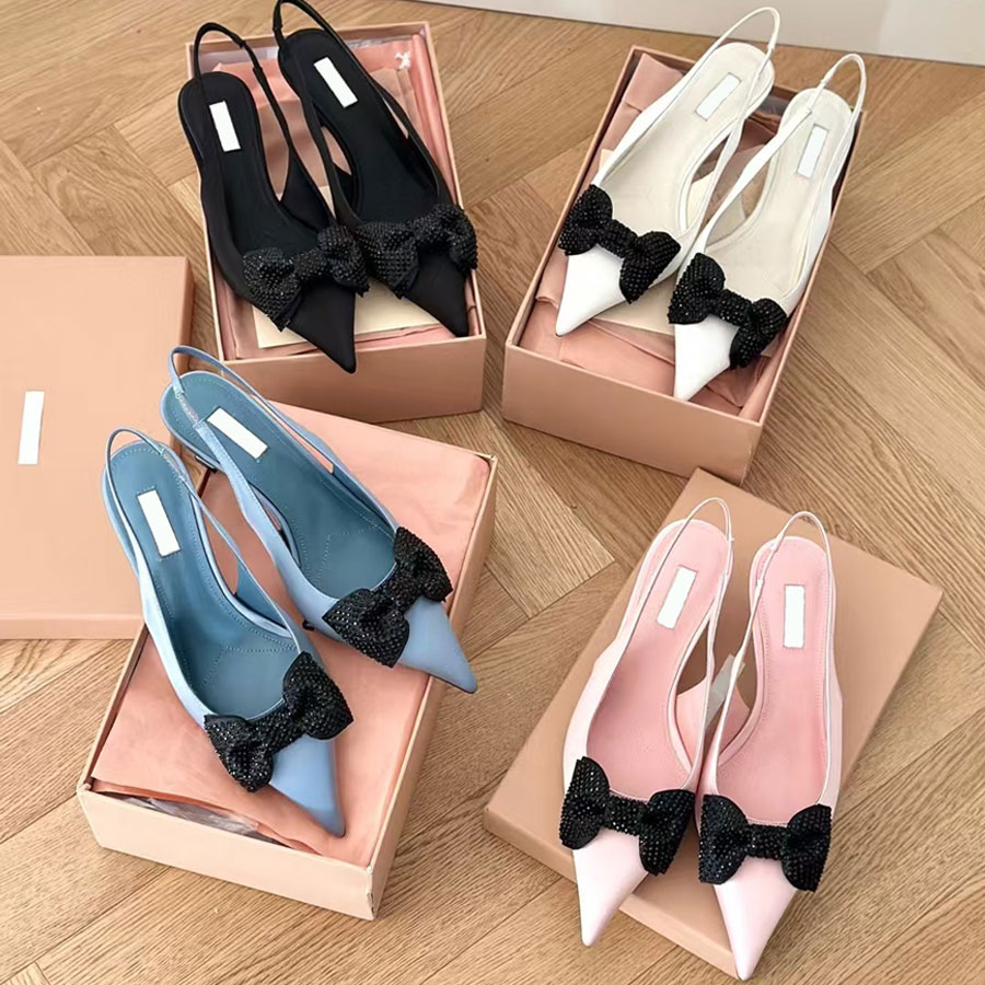 Top quality Rhinestone bow Silk slingback sandal kitten heels Dress shoes Pointed toes Luxury designer sandal Evening party Wedding shoes 6.5cm Factory footwear
