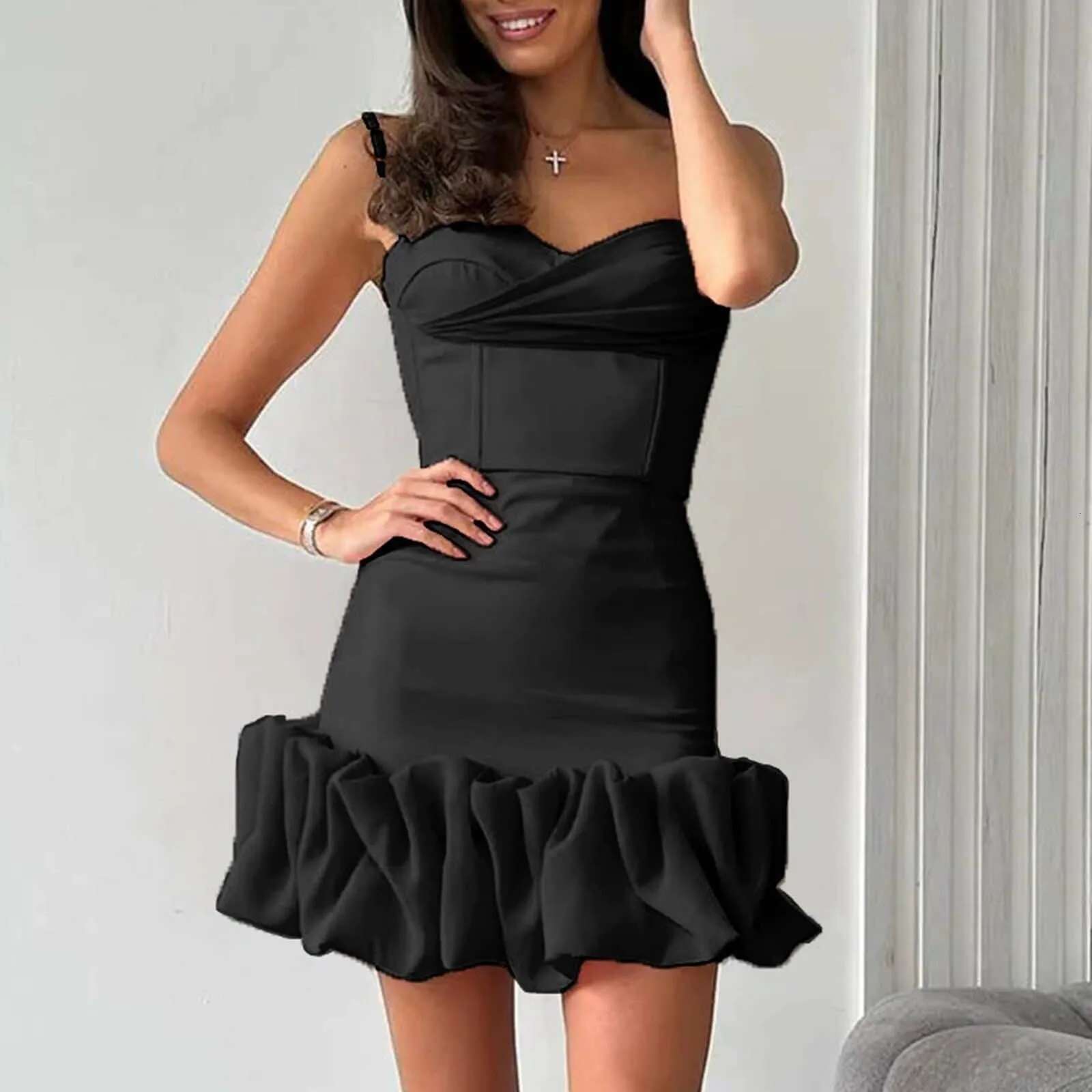 Dongdumaoyi New Summer Elegant Pleated Suspender Dress Sexy Nipped Waisted Women Wrap Hips Short Temperament Slim Solid Evening
