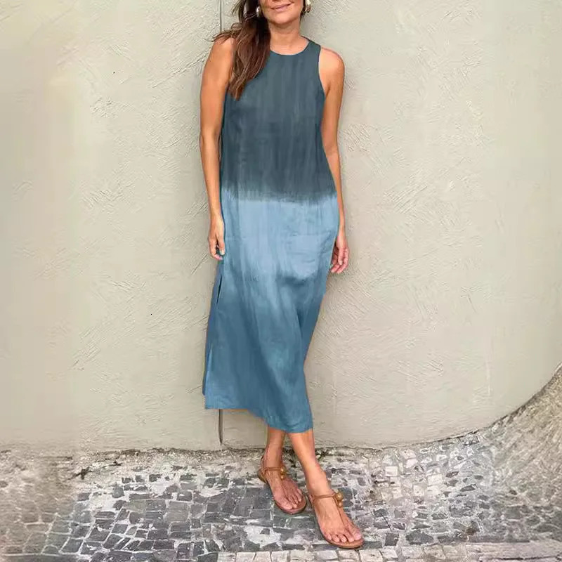 Womens Summer Casual Sleeveless Gradient Long Dress Bohemian Style Loose Seaside Holiday Plus Size 250409