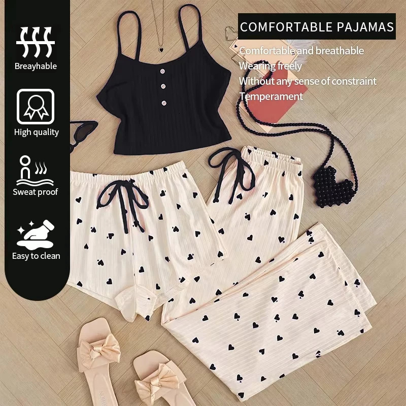 Three piece heartshaped printed vest shorts and pants with ribbed fabric suitable for family casual womens clothing set 250409