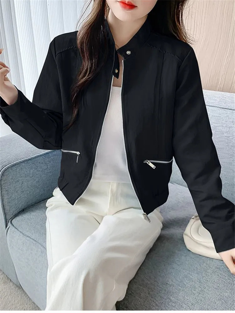 Spring and Autumn Womens Baseball Jacket Solid Color Casual Zipper Long Sleeve Stand up Collar Coat Chaquetas De Mujer 250409