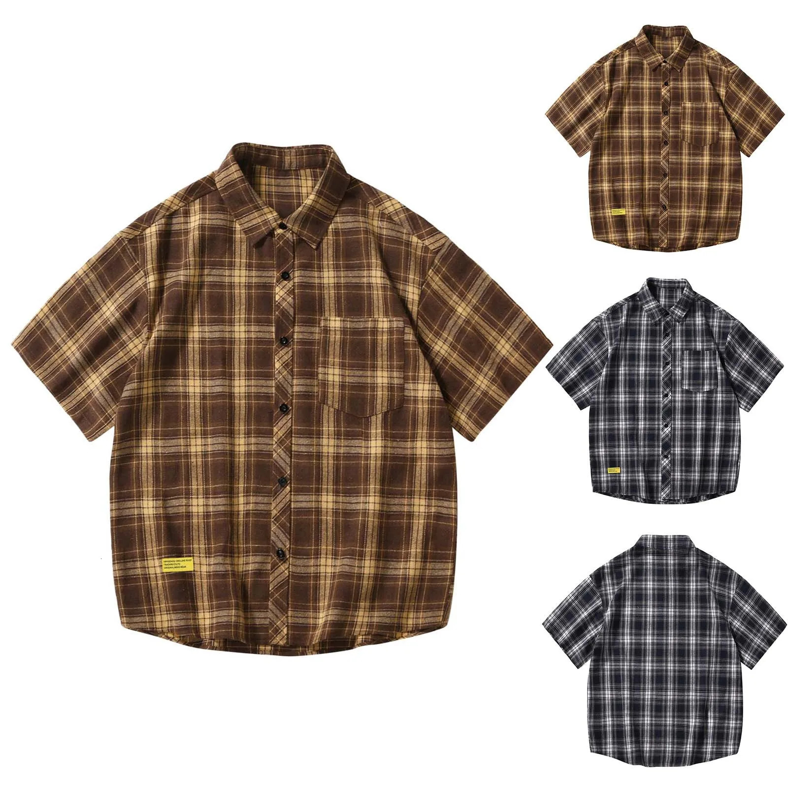 MenS Short Sleeved Japanese Vintage Plaid Printed Shirt Summer Vacation Beach Check Shirt Button Down Half Sleeved Shirt 250409
