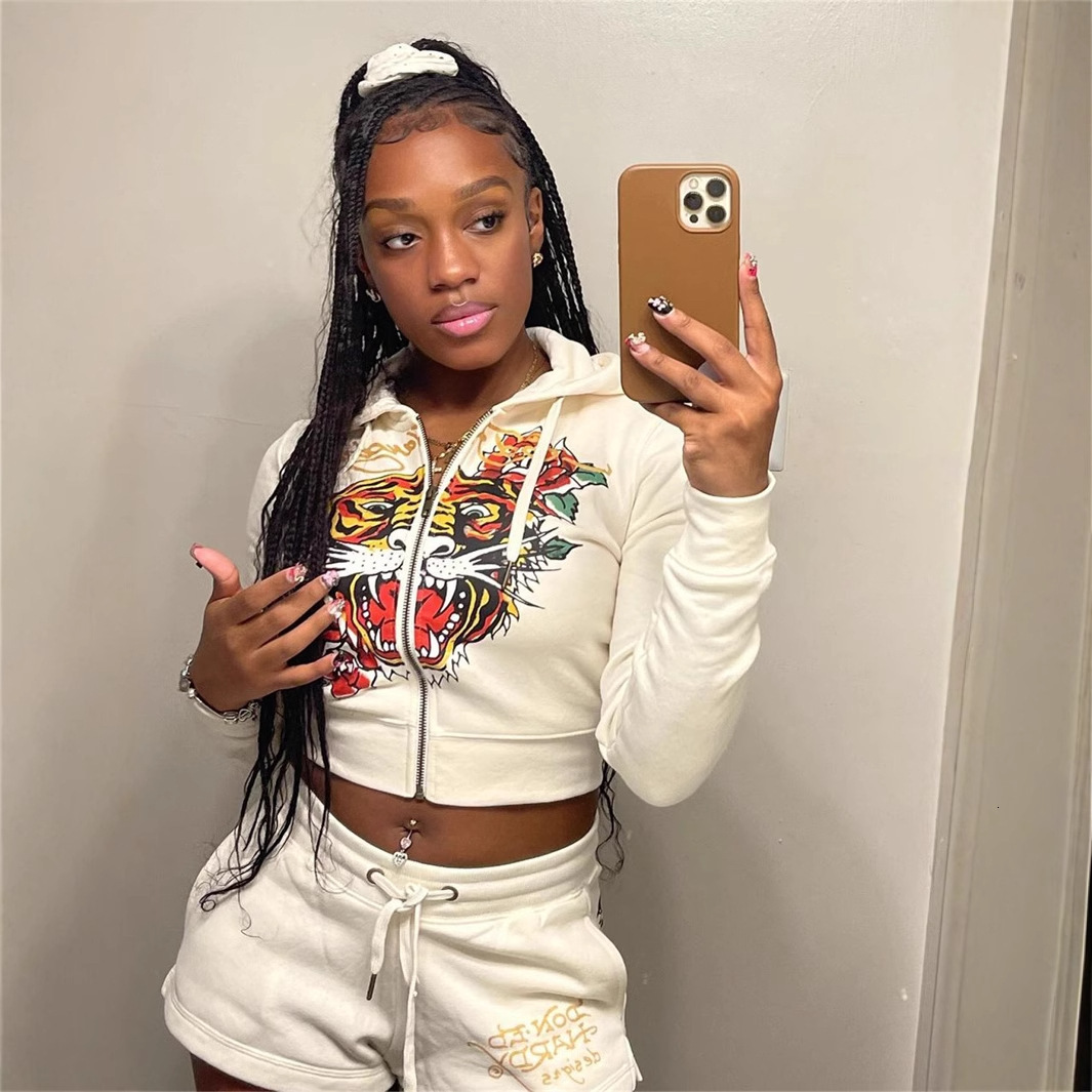 2025S Designer Women S Set New Fashion Printed Long Loose Casual Sports Sleeve Zipper Hoodie Strap Shorts Set