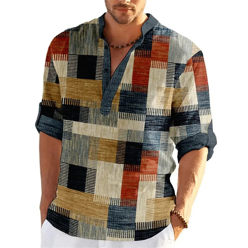 Patchwork 3D Print Color Block Henley Shirts Mens Fashion Vintage Stand Collar Long Sleeve Shirt Male Tops Blouse Man Clothing 250408