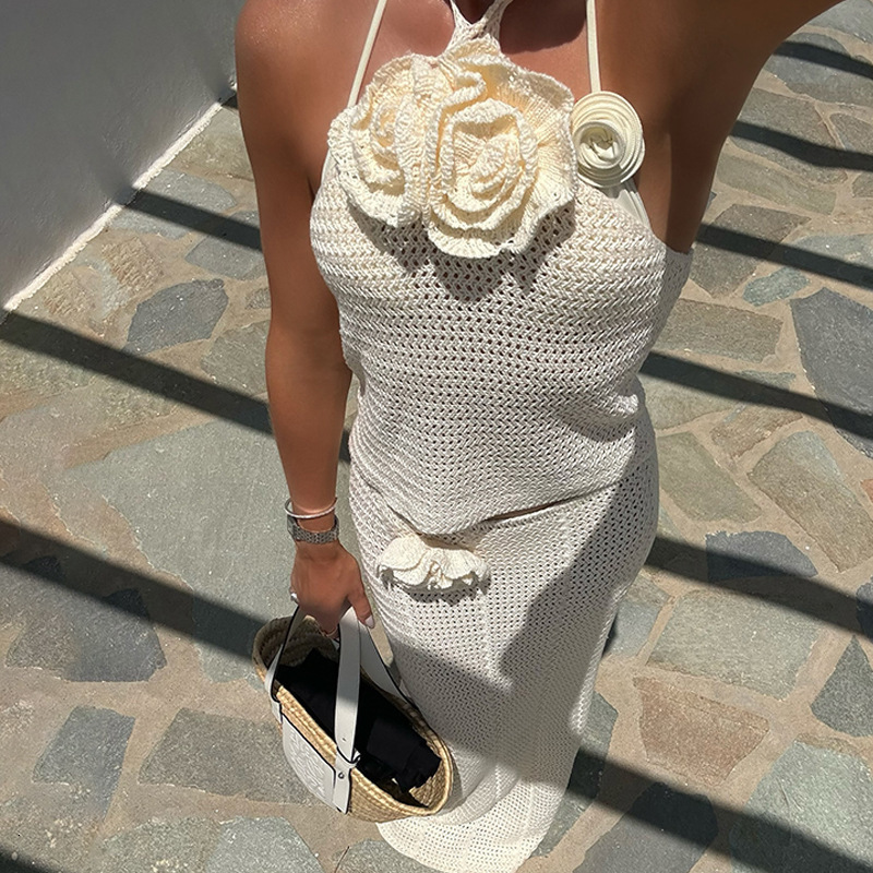 New products for 2025!! New womens solid color knitted floating flower beach bikini swimsuit cover up dress