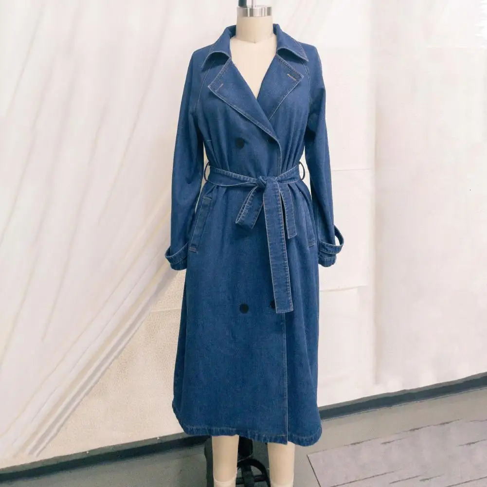 Womens long denim jacket for autumn and winter British style double layered lapel sleeved with windproof cover 250409