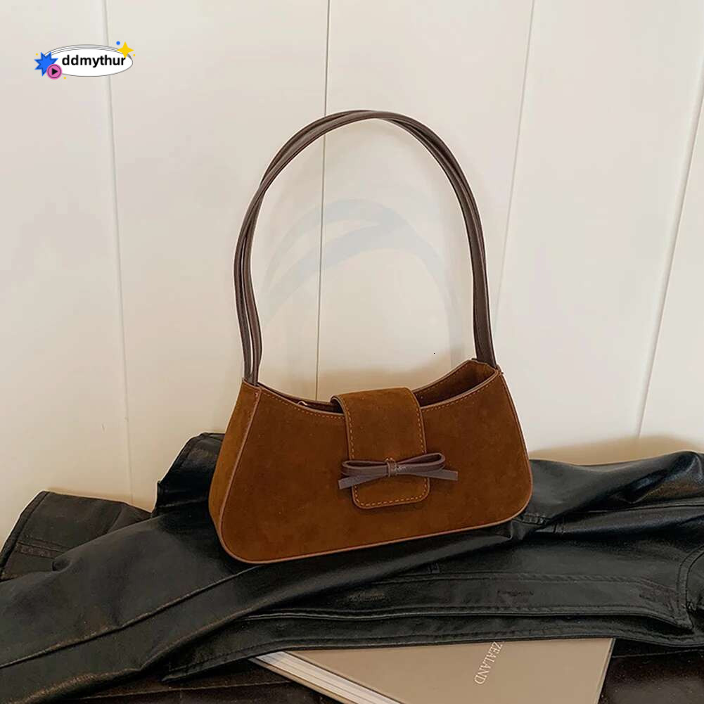 Shoulder Bag Women Trendy Handbag with Zipper Bow Suede Solid Clutch Purse for Work Travel ddmythur
