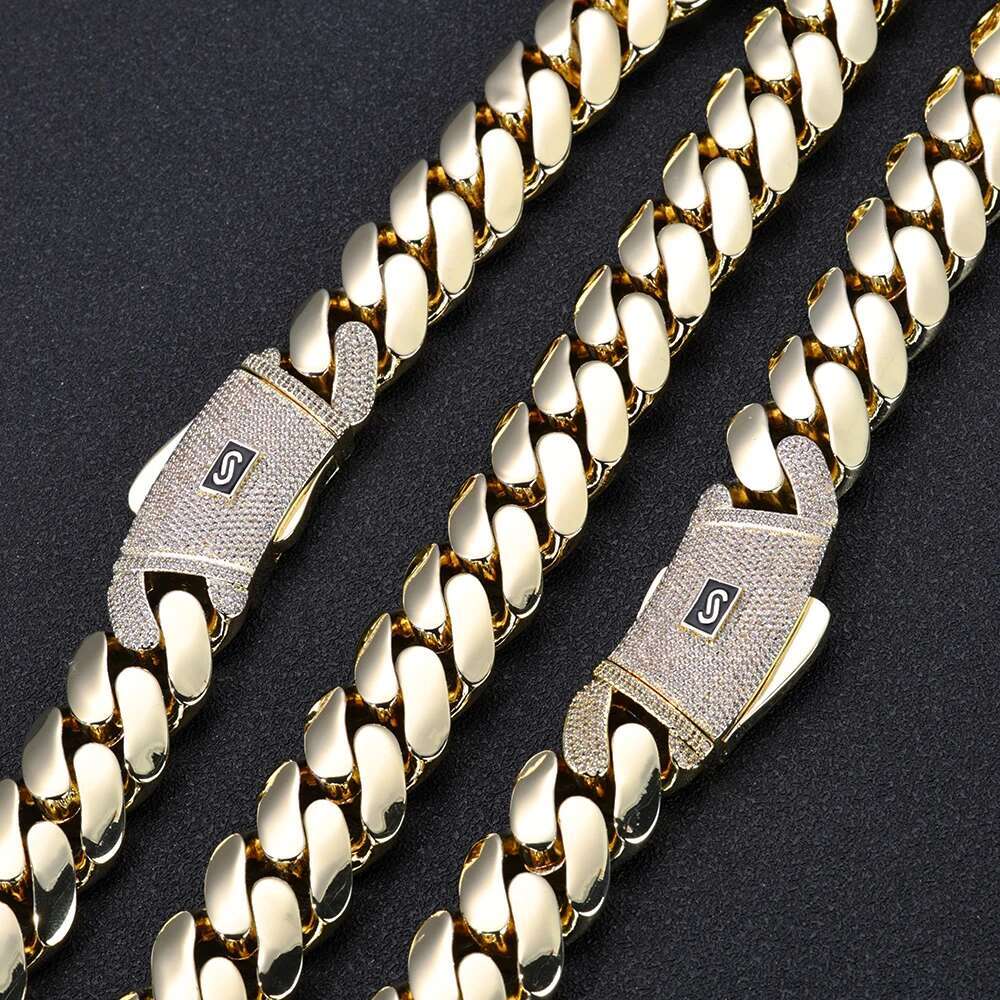 14K 18K 20mm Zircon Diamond Iced Buckle with Brass Cuban Necklace Hip Hop Round Mill Encrypted Cuban Chain