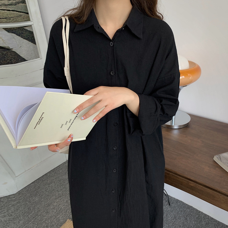 Cotton Linen Dresses White Shirt Dress Summer Women Outerwear Loose Mid-length Shirtdress