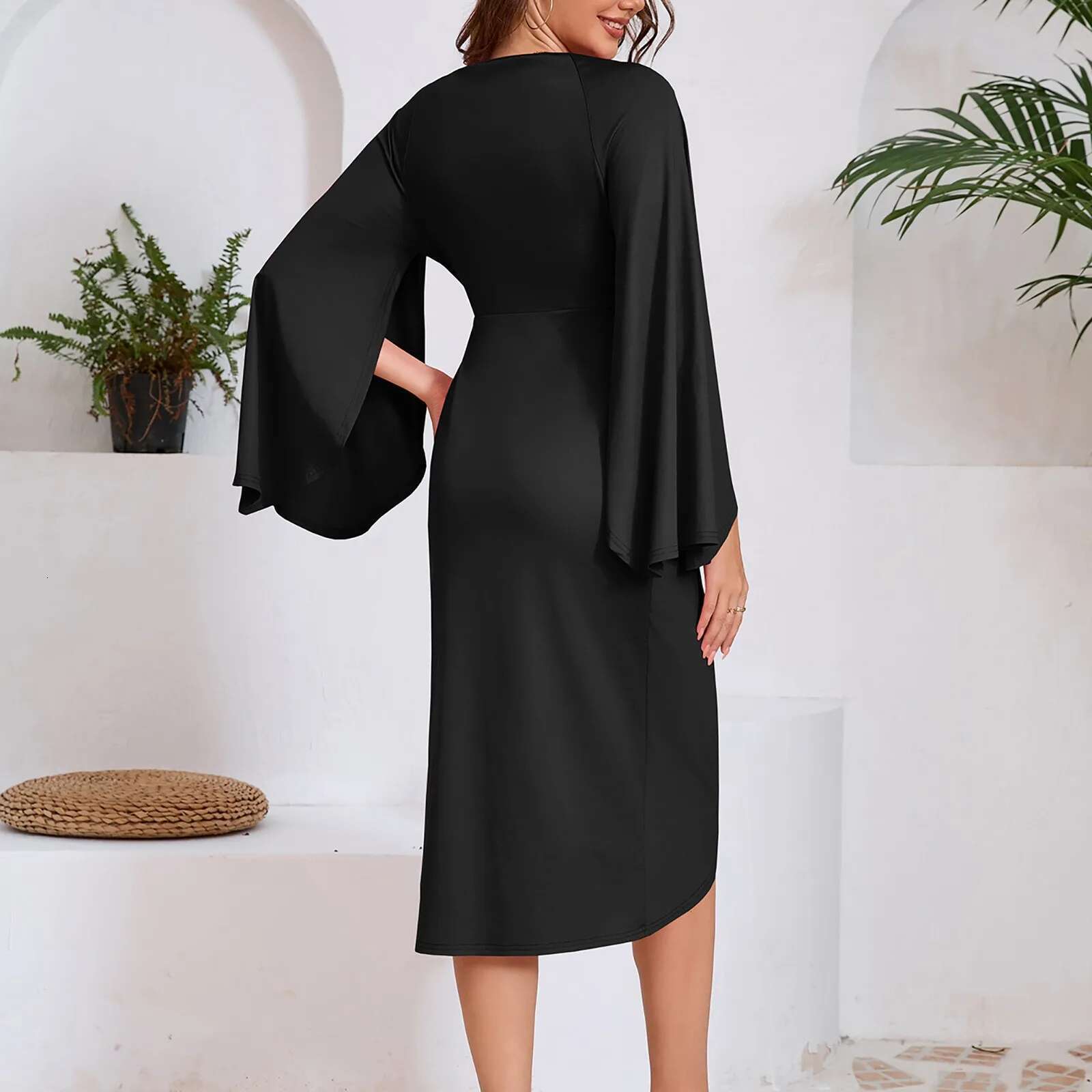 2025 Summer New Dress For Women Shawl Sleeves V-neck Ruffled Edge Big Swing Long Elegant Robe Pleated Slim Fit Dresses