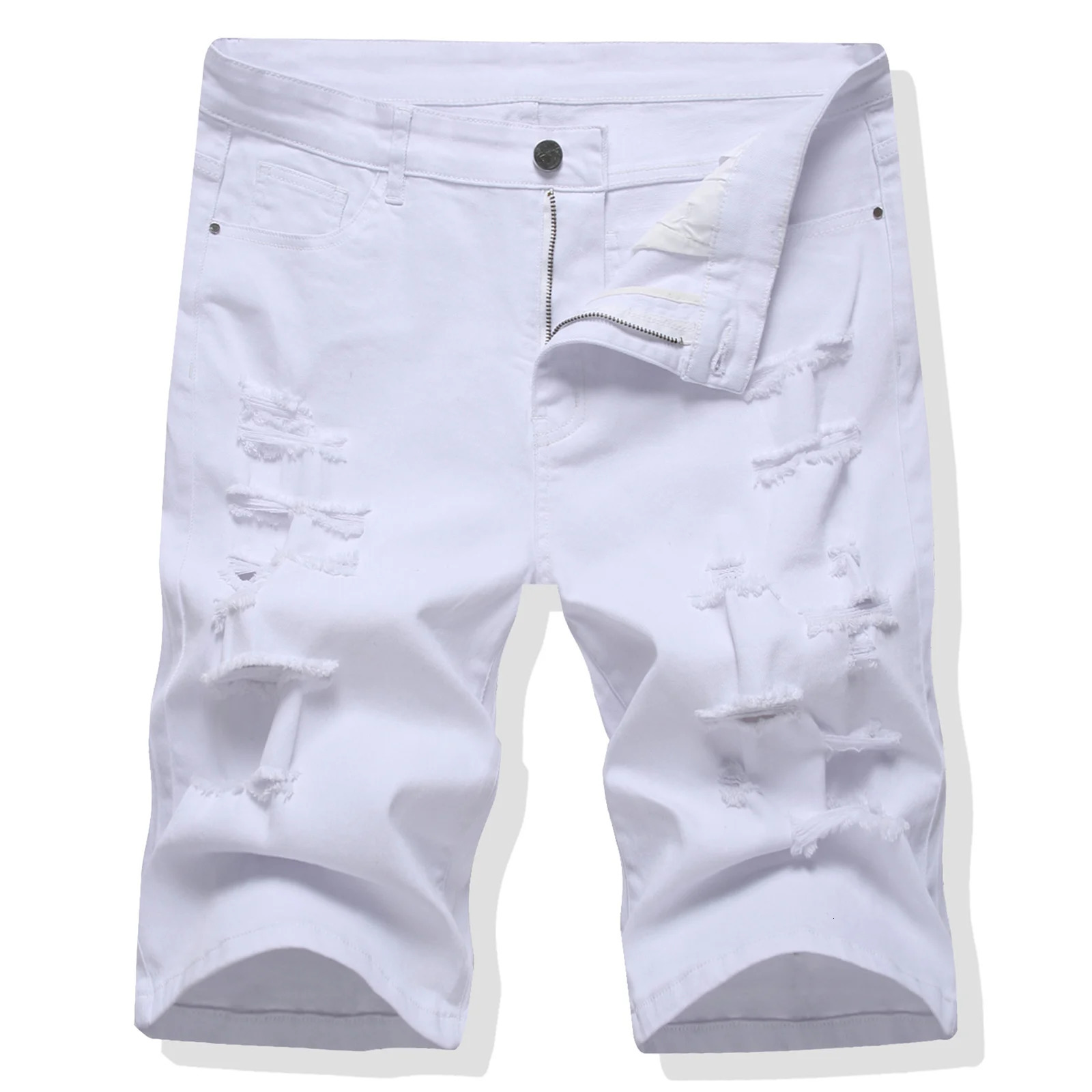 Mens summer denim shorts with holes torn cotton jeans Y2K solid color knee length ultrathin straight stretch breeze white red green 250409
