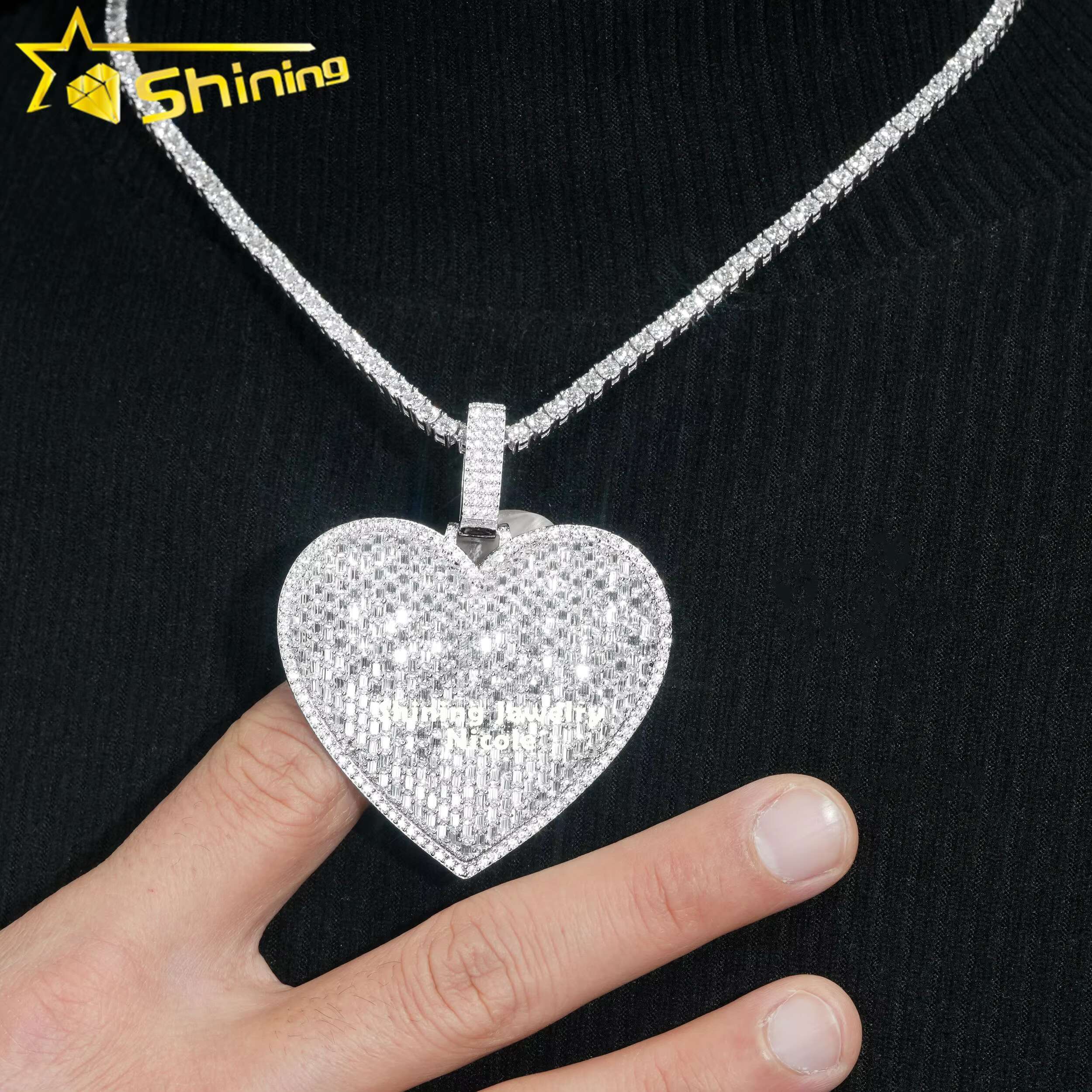 Luxury Big Heart Fully Iced Out Baguette Diamond Silver 925 Custom Moissanite Hip Hop Pendant