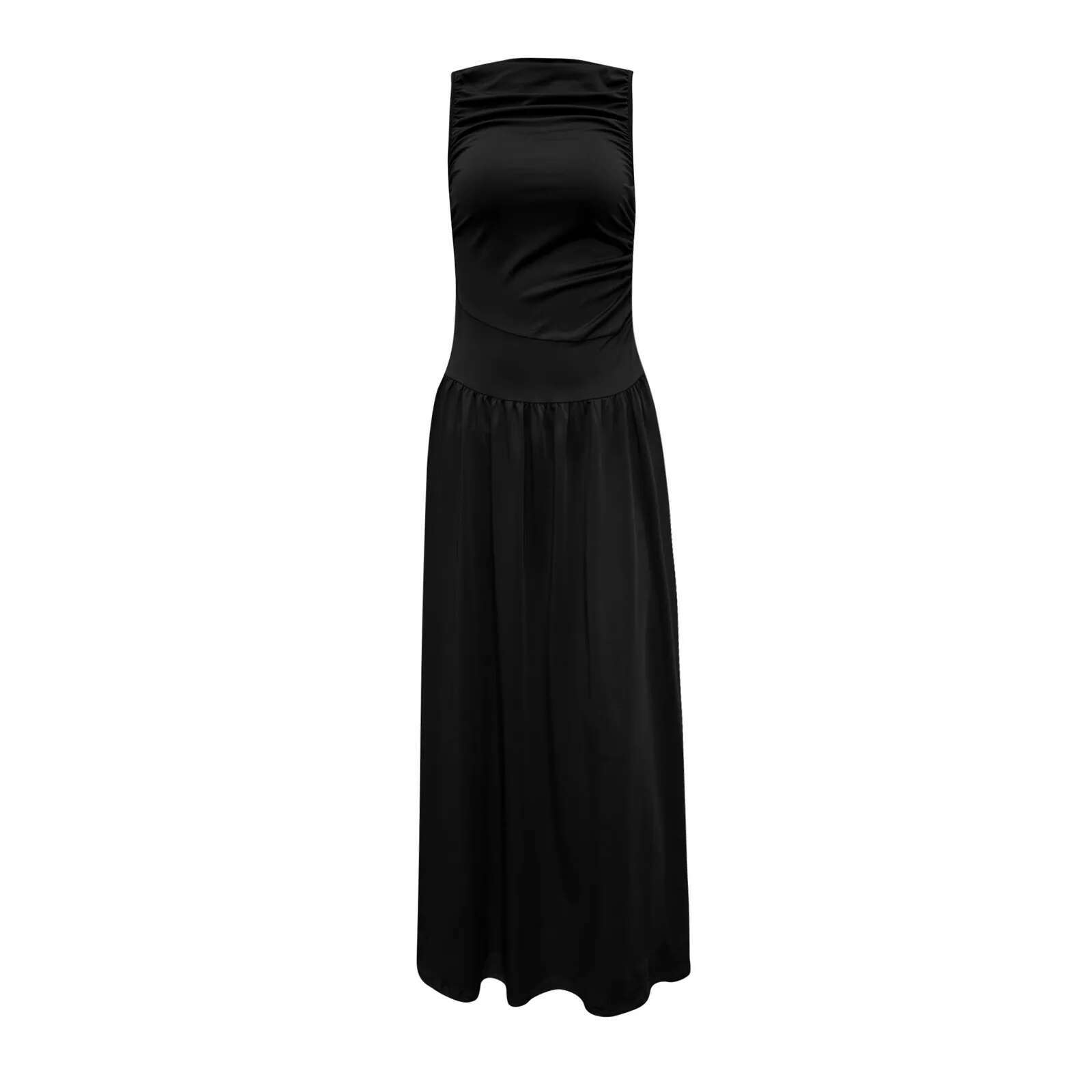 Dongdumaoyi Elegant Sleeveless Maxi Dress For Women Fashion Solid Boat Neck Tank Dresses Ladies Sexy Ruched Long New In