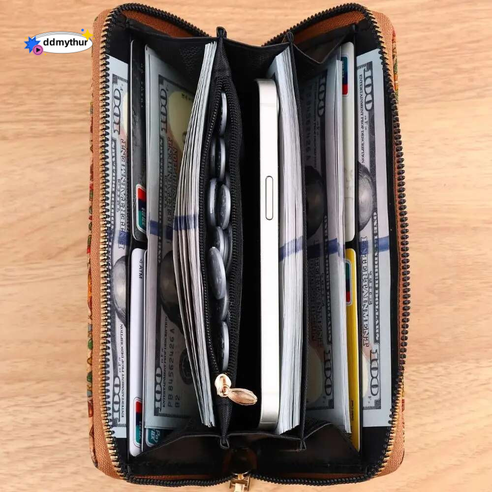 Bohemian Style Women's Retro Advanced Wallet with Wood Grain Portable Geometry Multiple Slots Card Holder Coin Purse ddmythur