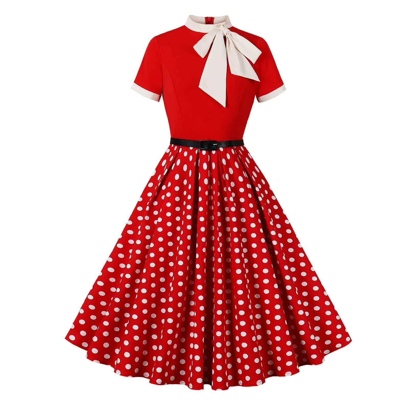Dongdumaoyi Polka Dot Print Patchwork Bow Floral S Rockabilly Dress Summer Outfit Women Clothing Elegant Belted Pleated Vintage Dresses