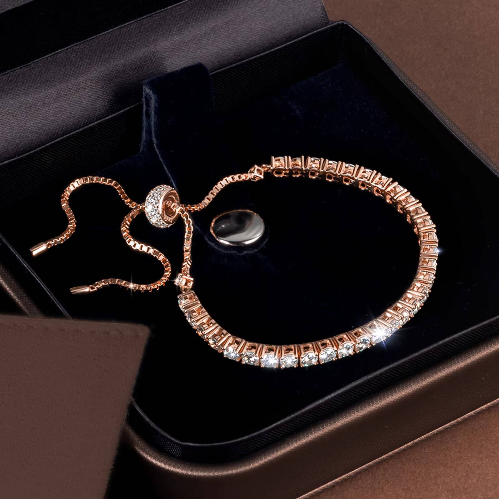 Round Cut Lab Created Moissanite Diamond Adjustable Bolo Bracelet in Rose Gold Over 925 Sterling Silver Jewelry Gifts for Women