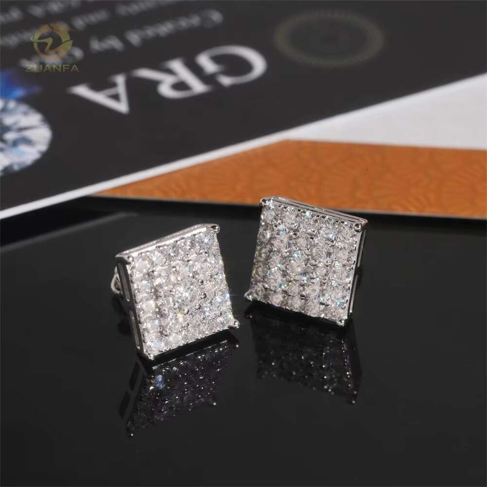 Iced Out Fashion Square Stud Moissanite Diamond Hip Hop 925 Sterling Silver Jewellery Earrings