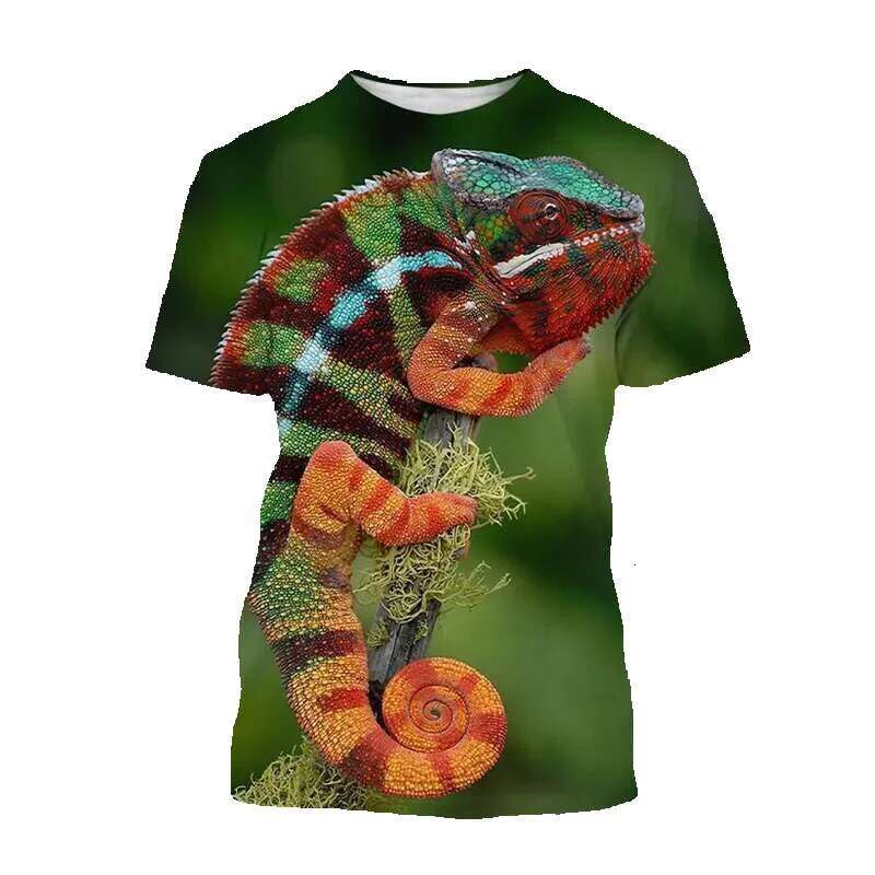 Animal chameleon 3D printed men's reptile iguana round neck short sleeved lizard fashionable casual top T-shirt