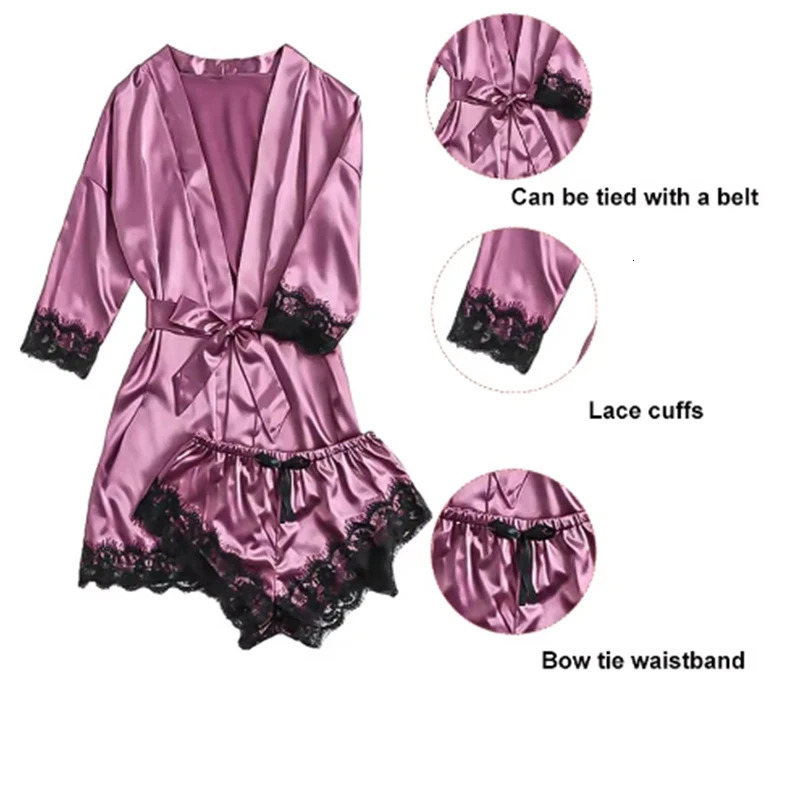 Womens summer sexy sleepwear set 4 pieces of lace satin silk fashionable and comfortable 250409