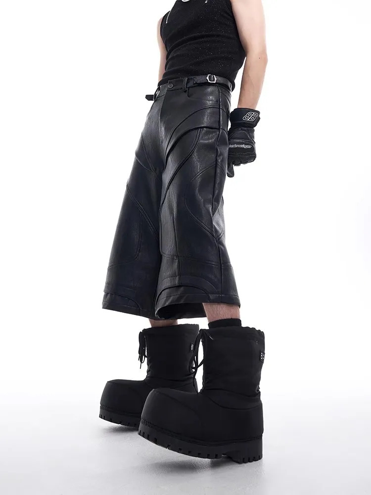 Mauroicardi Spring Summer Cool Handsome Black Pu Leather Shorts for Men High Waist Knee Length Short Straight Pants Clothes 2025 251030