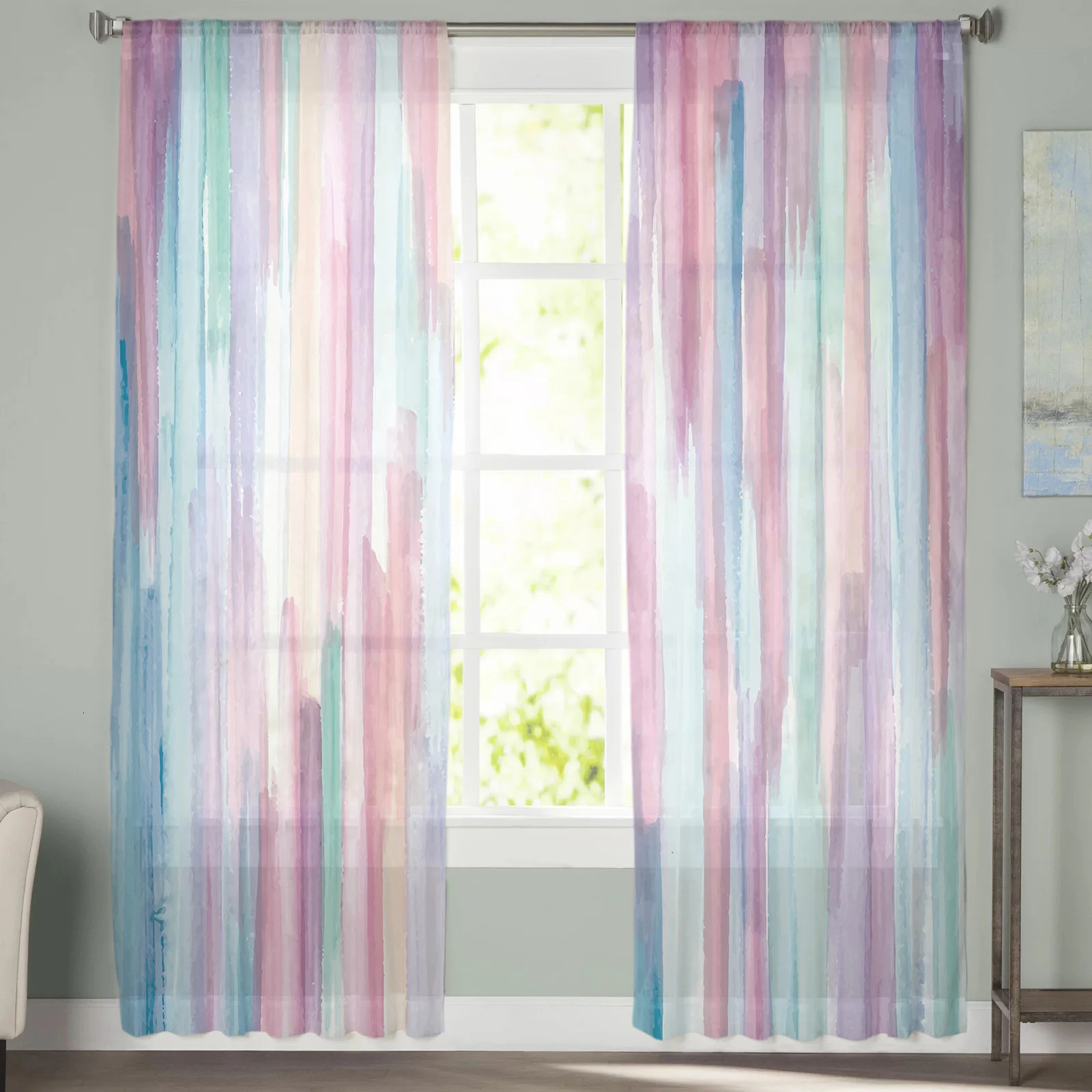 Rainbow strip modern living room curtains transparent sheer curtains bedroom decoration 250409