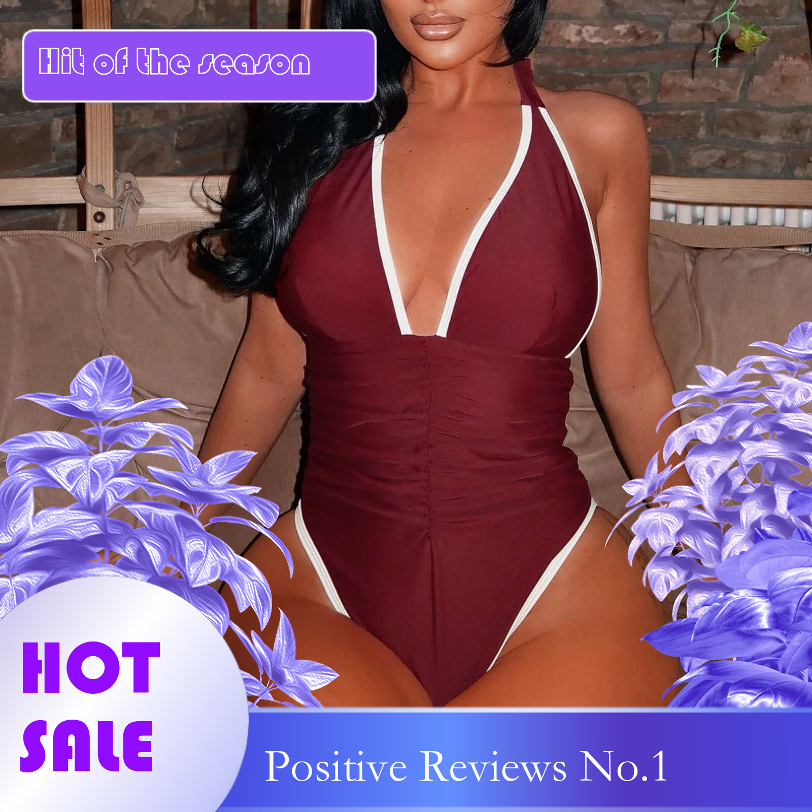 Dongdumaoyi Wine Red One Piece Swimsuit Women S Solid Color V Neck Halter Backless Monokini Bikini High Waist Slim Pleated Beach Swimwear