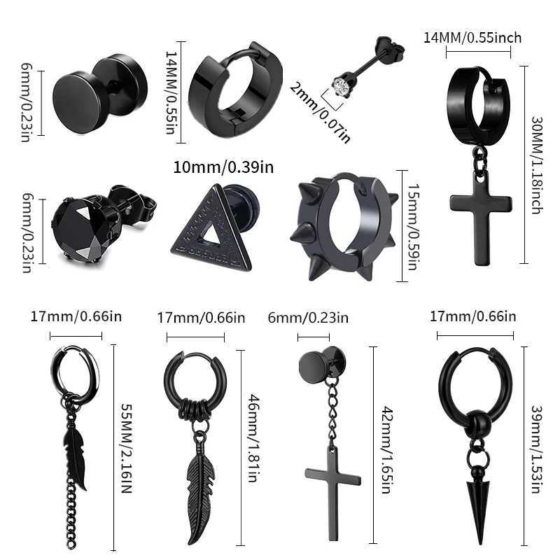 1 /11 Pairs Punk Stainless Steel Stud Earrings Black Earrings Set For Men Women Vintage Hip Hop Piercing Ear Jewelry Accessories Z250408