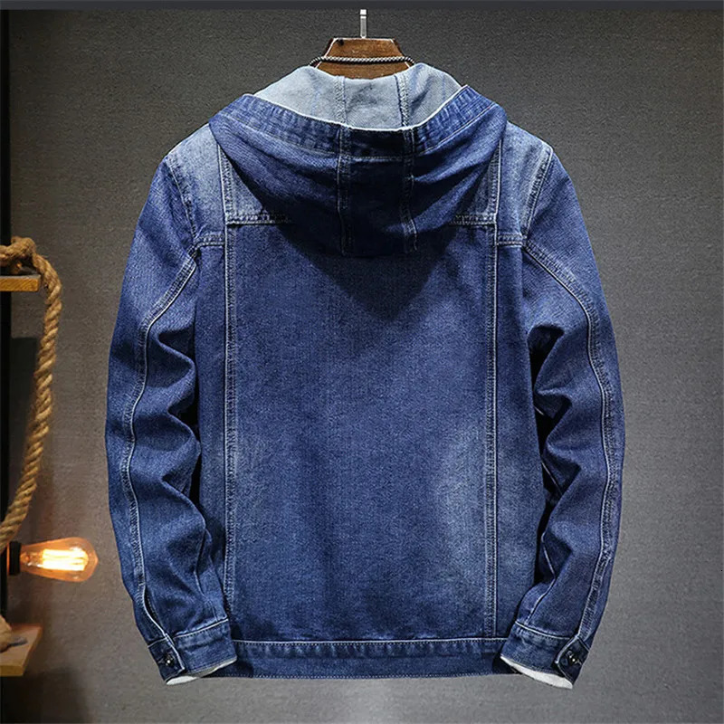 Spring and autumn mens hooded denim jacket windproof casual large pocket sports solid fashion streetwear 250409
