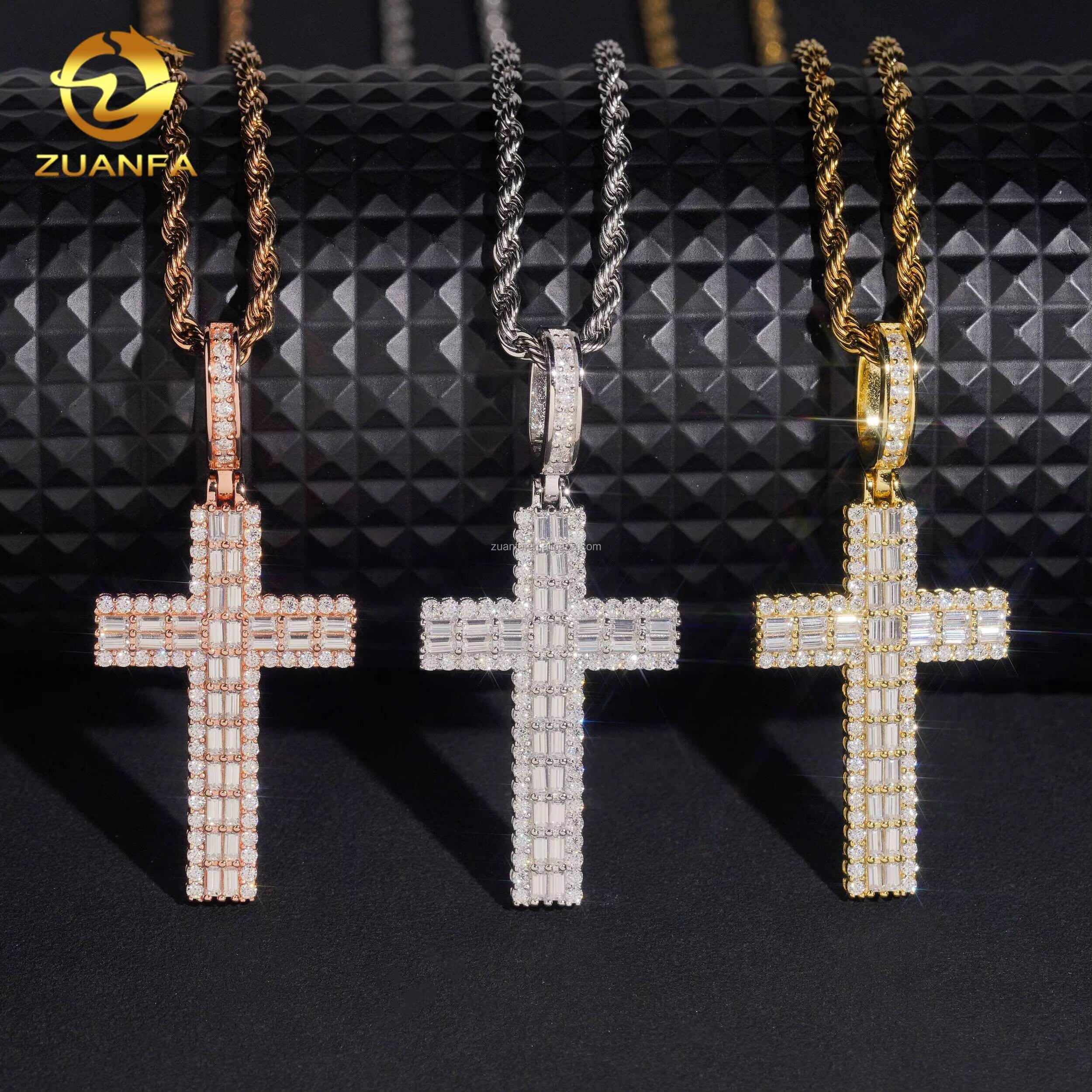 New Arrivals Trendy Fashion Man LuxuryJewelry Hip Hop Pendant S925 VVS1 Baguette Moissanite Diamond Cross Pendant Necklace Set