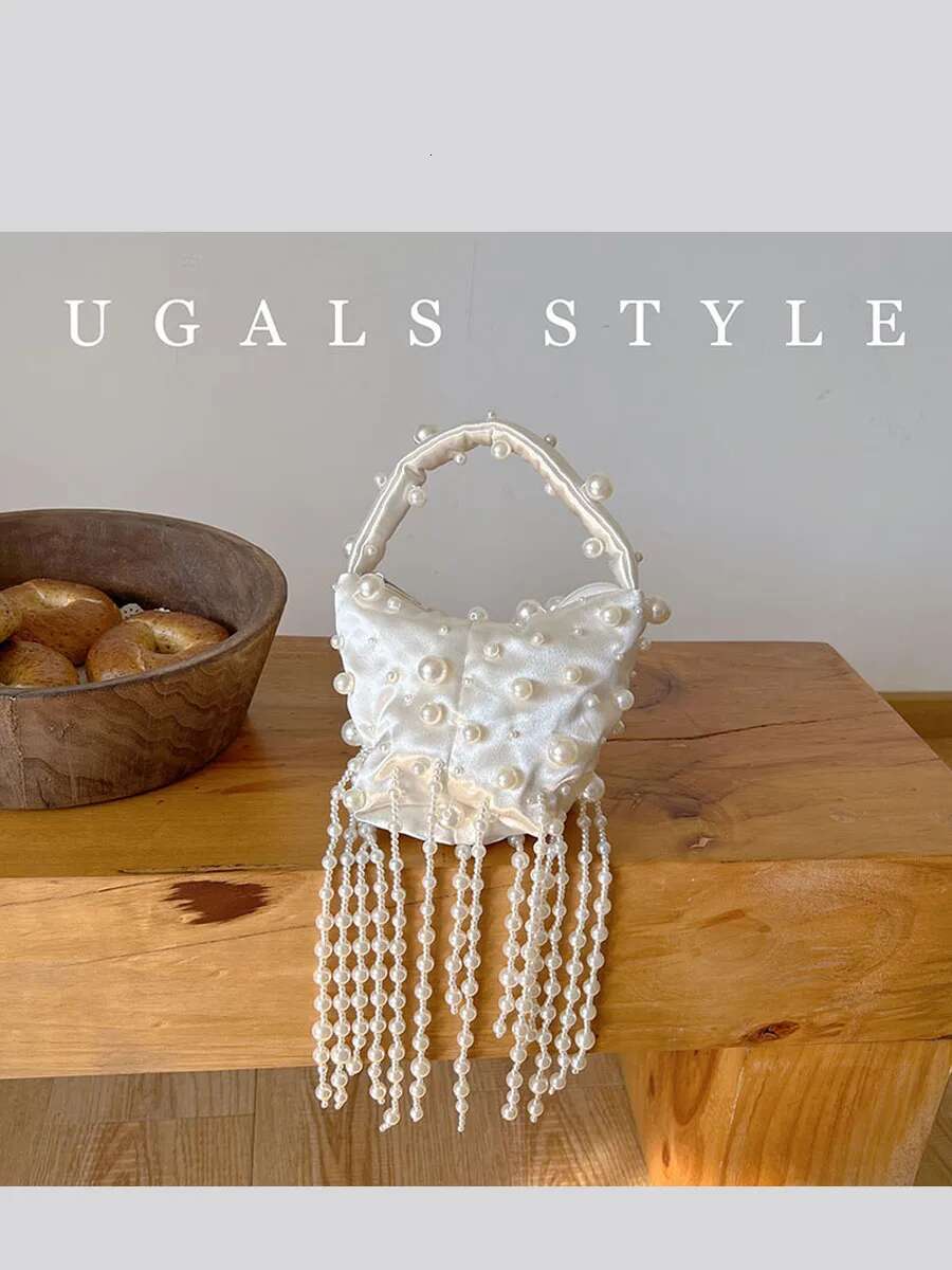 Pearl Handmade Bead Tassel Women Handbag Woven Party Wedding Evening Small Box Basket Bag