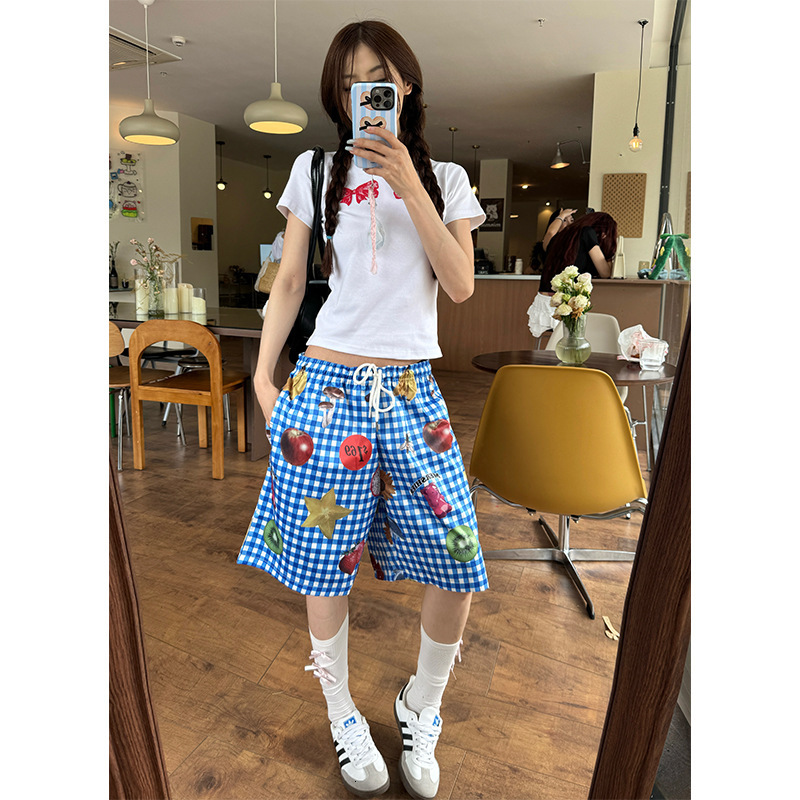 2025S Designer Shorts For Women American Shorts Summer New Item Niche Blue Checkered Fruit Women S Trendy Brand Beach Five Quarter Pants Beach Pants